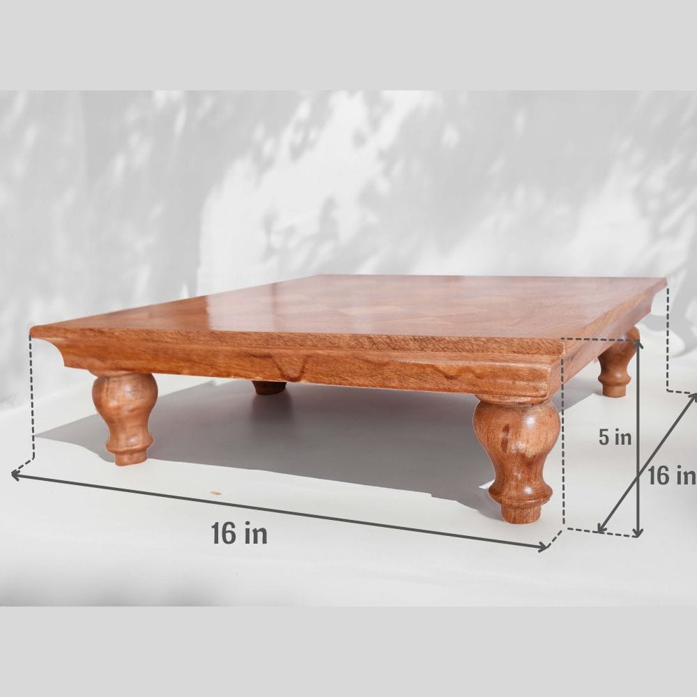 Amrani Designs Wooden Bajot for Pooja | Beautiful Wooden Chokki for Pooja Big Size | Diwali Decoration Items for Home | Size : 16(L) x 16(W) x 5(H) Inch view 2