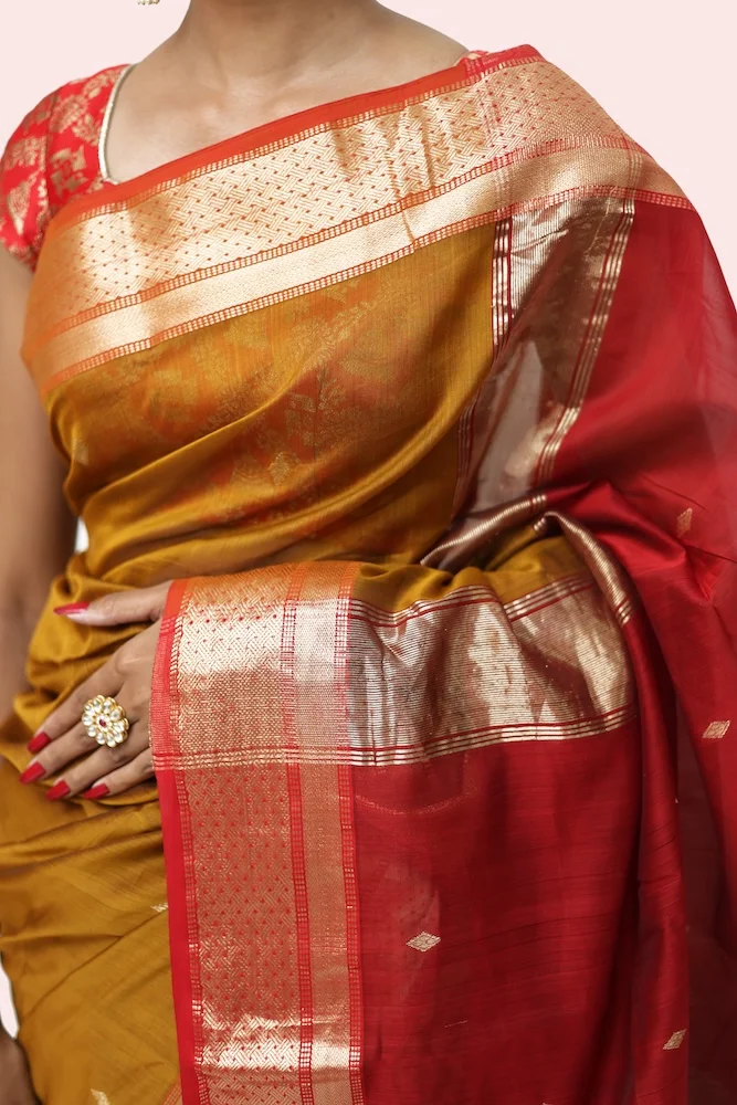 Imperial Mustard Zari Khatia handwoven Saree with Tassels view 2