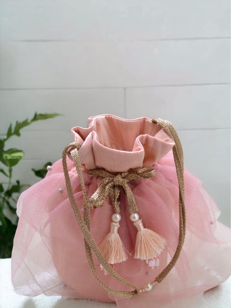 ABC Exquisite Handmade Indian Batua Potli Bags for ladies, evening bag, with Rose Gold Thread Handle, 3-Layered Net and Pearls - Ideal Gift for Her, Wedding Clutch- Perfect Purse for Parties & Weddings (Pink) view 2