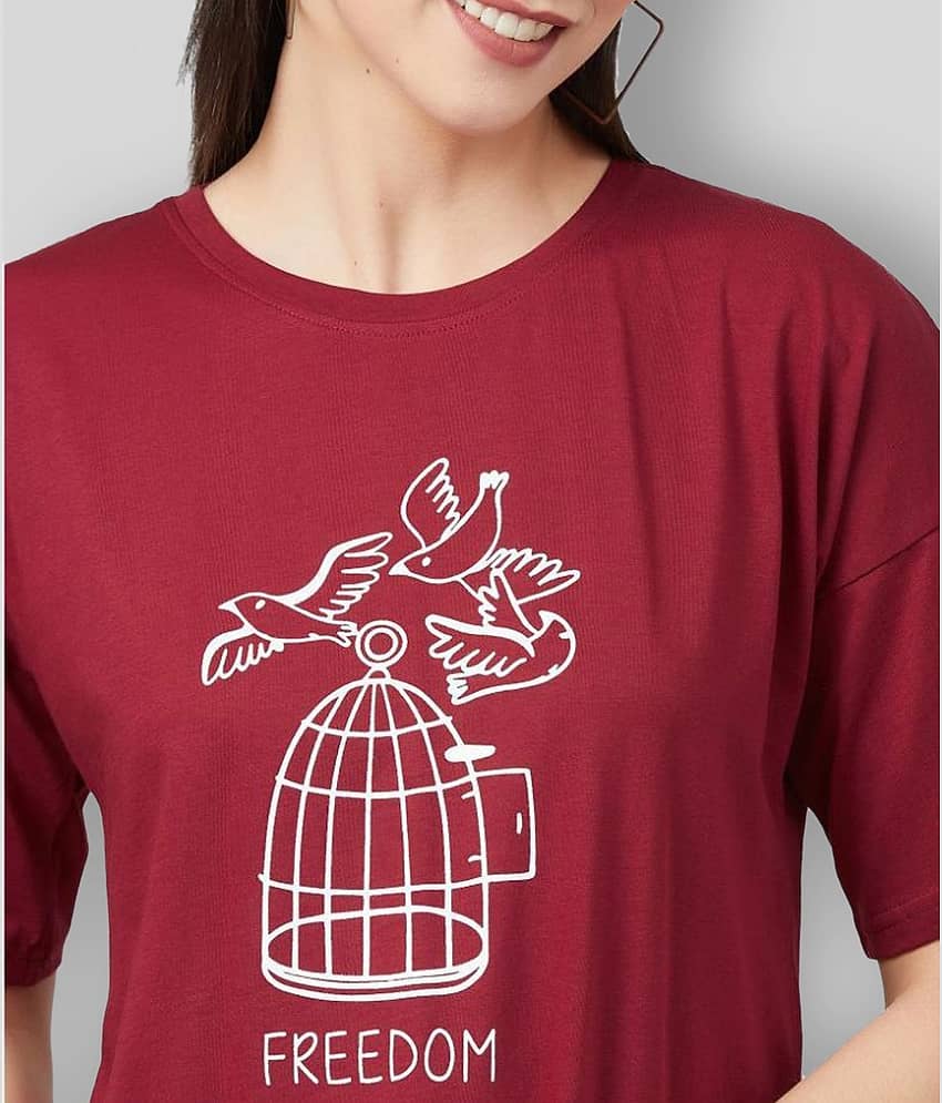 Chimpaaanzee Women Cotton Printed Regular Fit Round Neck T-Shirt ( Maroon ) view 2