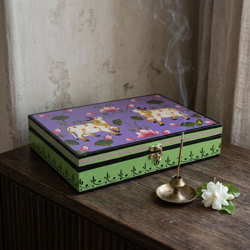 Hand Painted Pichwai Art Wooden Purple Color Storage Box view 2