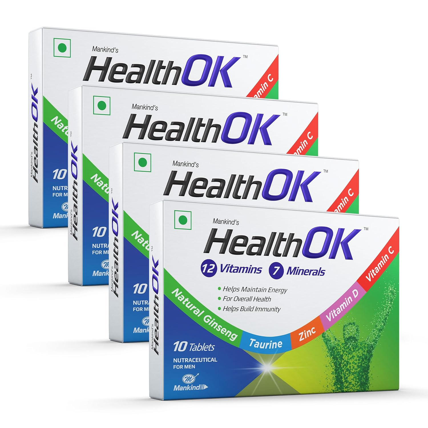Health OK Multivitamin with Natural Ginseng Taurine power Daily Energy alertness Vitamin D C & other 17 multivitamins minerals for Overall Health 10 Tablets x Pack of 4 view 2