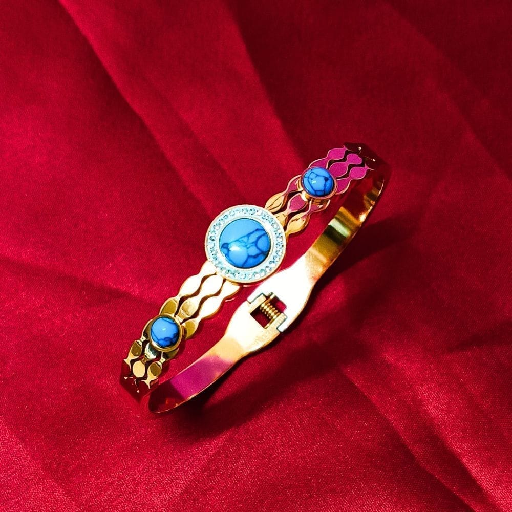 Jewelryklub Anti Tarnish Gold Plated American Diamond Bracelet Kada Bangle With Turquoise Stone For Girls & Women view 2