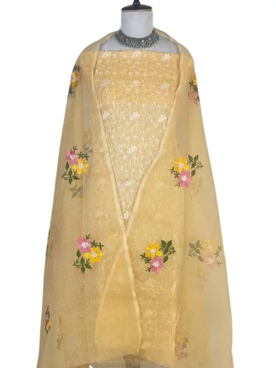 Kota Doria Dress Material Pale Biscuit Floral Jaal view 2