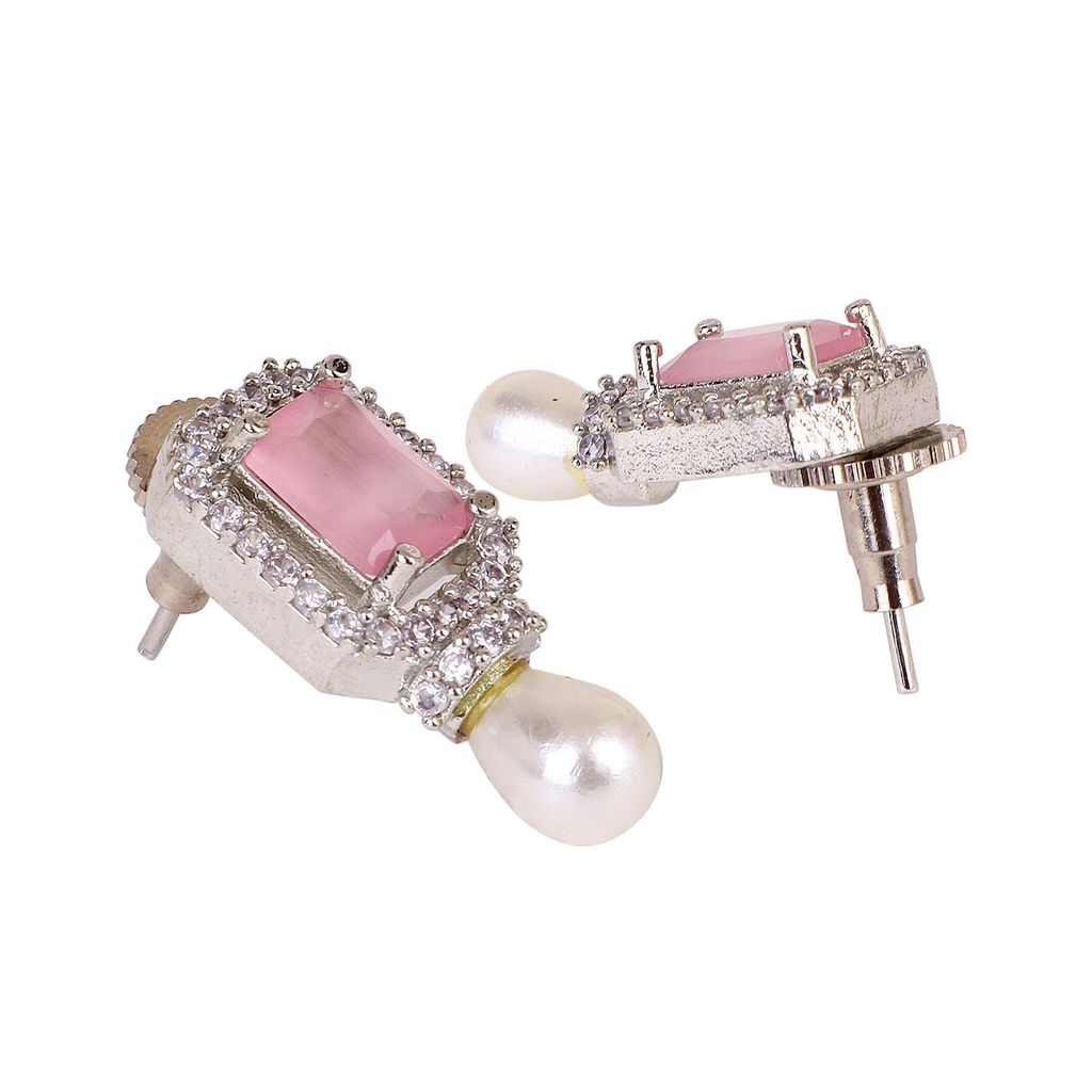 Pink Color Silver Polish American Diamond Earrings Set view 2