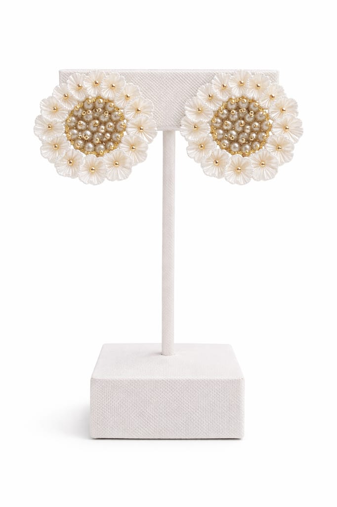Royal Blue & White Beaded Floral Stud Earrings view 2