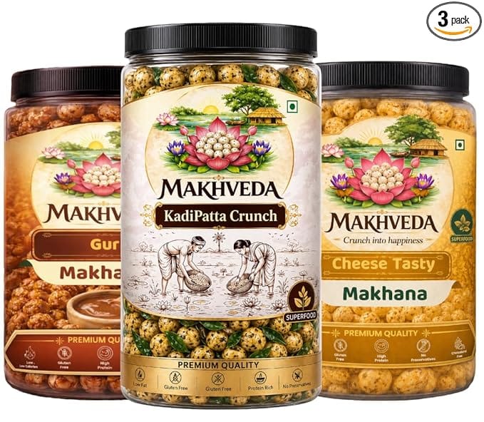 MAKHVEDA - Superfood Power Combo Makhana Roasted Fox Nuts Popped Lotus Seeds Healthy Snack Low Calorie High Protein Gluten Free Crunchy and Delicious Flavours Gud Cheese Kadhi Patta