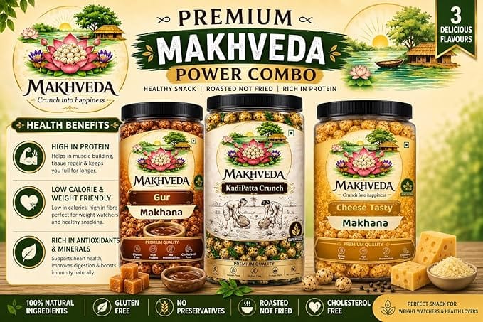 MAKHVEDA - Superfood Power Combo Makhana Roasted Fox Nuts Popped Lotus Seeds Healthy Snack Low Calorie High Protein Gluten Free Crunchy and Delicious Flavours Gud Cheese Kadhi Patta view 2