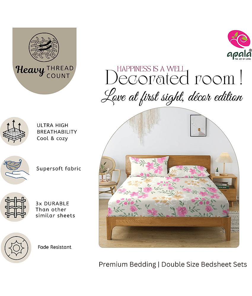 Apala Microfibre 1 King Fitted Bedsheet with 2 Pillow Covers ( 198 cm x 182 cm ) , Pink view 2
