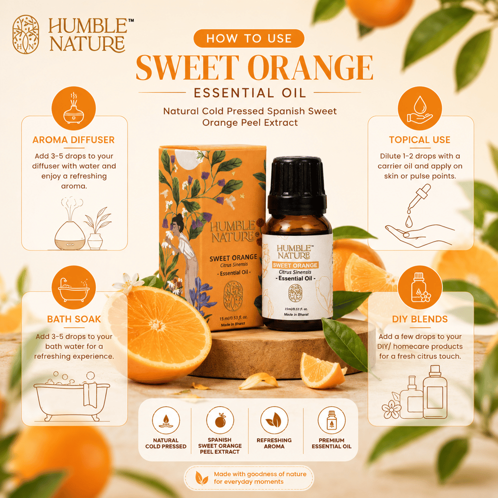 Humble Nature Sweet Orange Essential Oil 15 ml | Natural Cold Pressed Spanish Sweet Orange Peel Extract | Citrus Sinensis Oil for Diffuser, Aromatherapy, Massage, DIY Soap, Candle & Home Fragrance view 2