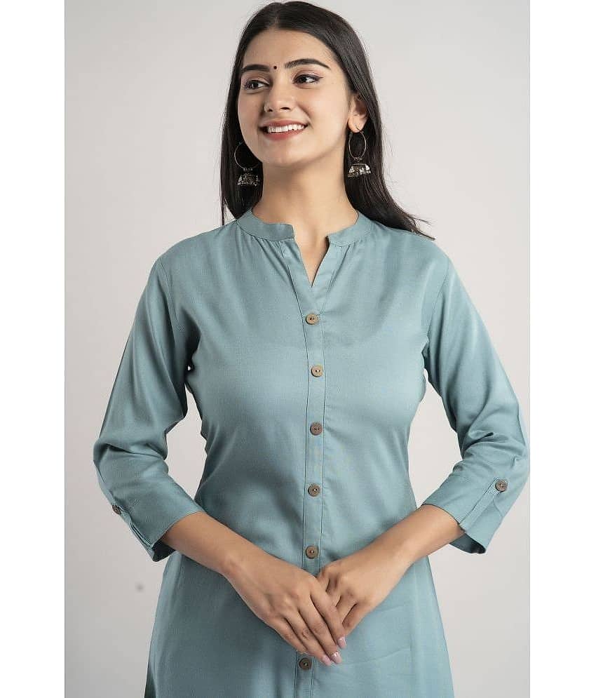 MAUKA - Turquoise Rayon Women's Front Slit Kurti ( Pack of 1 ) view 2