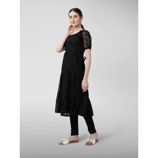 JADIIDA Beautiful Embroidery Women hakoba Cotton A-line Kurta (black) view 2