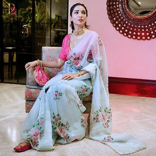 Floral Chiffon Silk Ready to Wear Saree with Stitched Satin Blouse, Wedding Party Wear Saree for Women