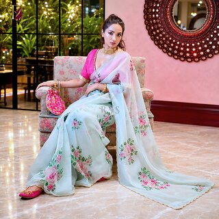 Floral Chiffon Silk Ready to Wear Saree with Stitched Satin Blouse, Wedding Party Wear Saree for Women view 2