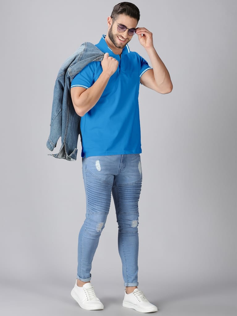 Pure Cotton Sky Blue Solid Polo view 2
