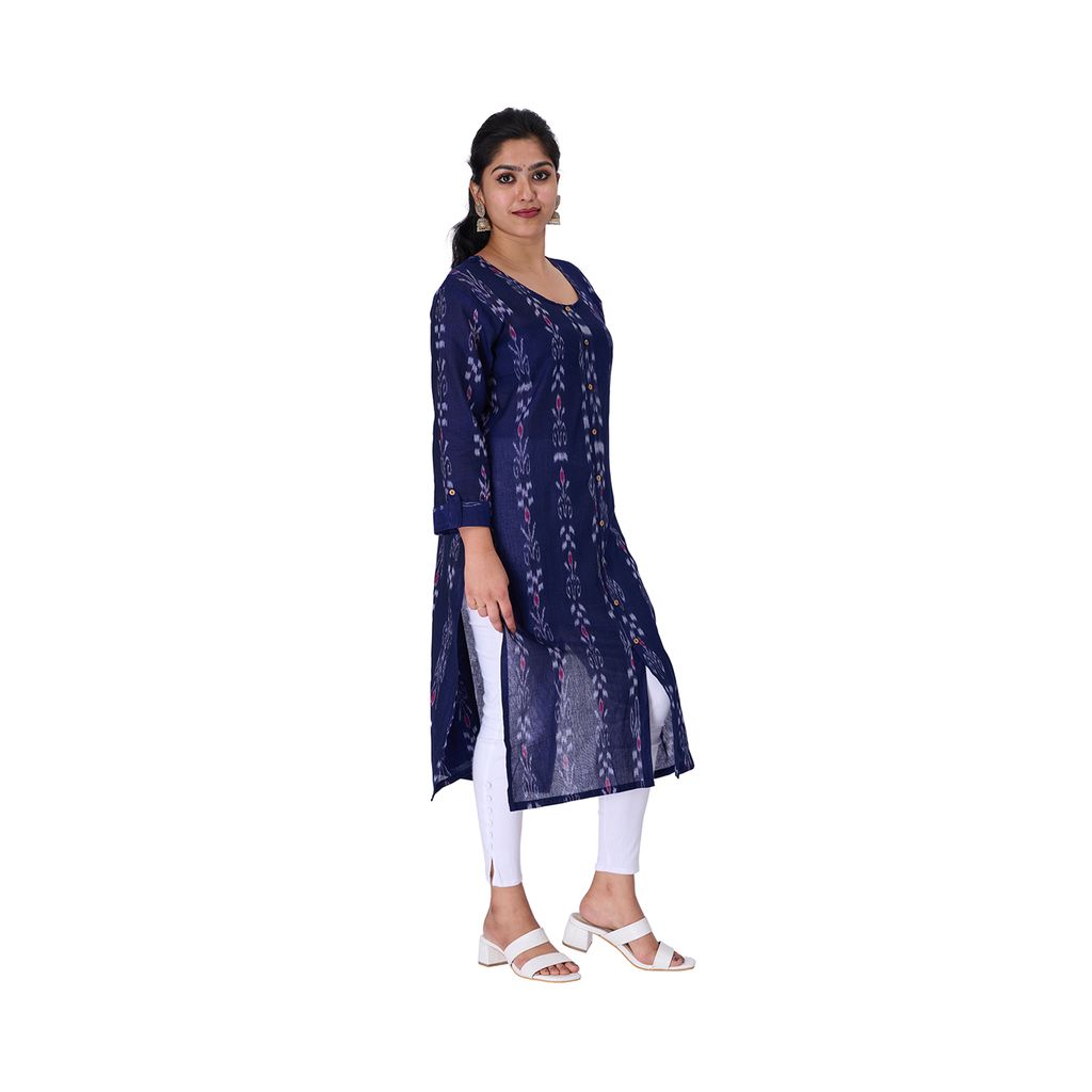 GHL GUENDICHA HAAT Sambalpuri Certified Handloom Women's Pure Cotton Round Neck Front Slit Kurta view 2