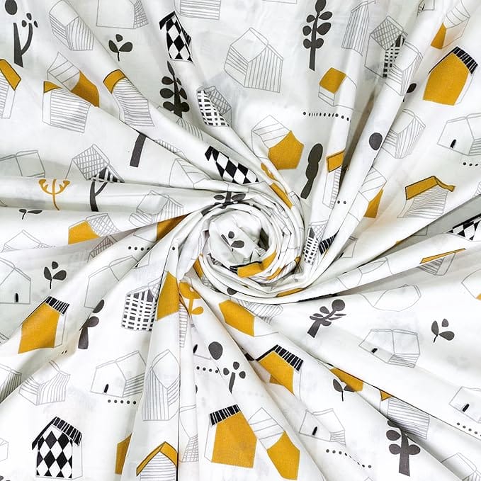 100% Cotton Sateen Fabric with Whimsical House Print, Perfect for Sewing and Crafting Projects