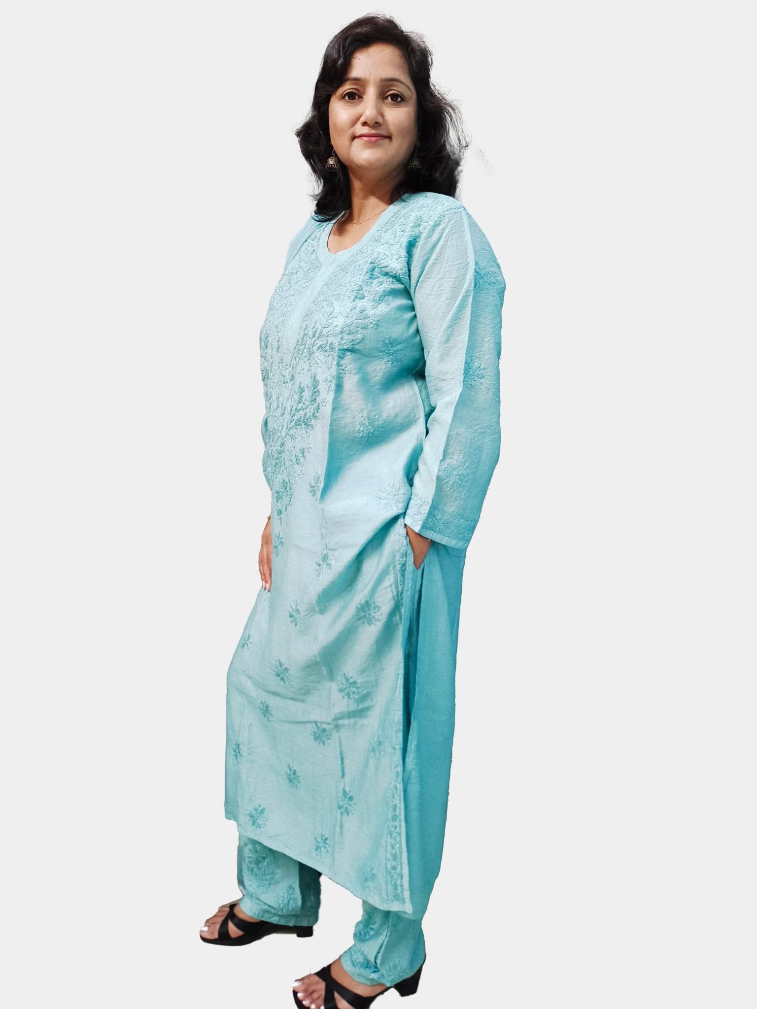 TheHangr Hand Embroided Cyan Chanderi Silk Lucknowi Chikankari Kurti Set view 2