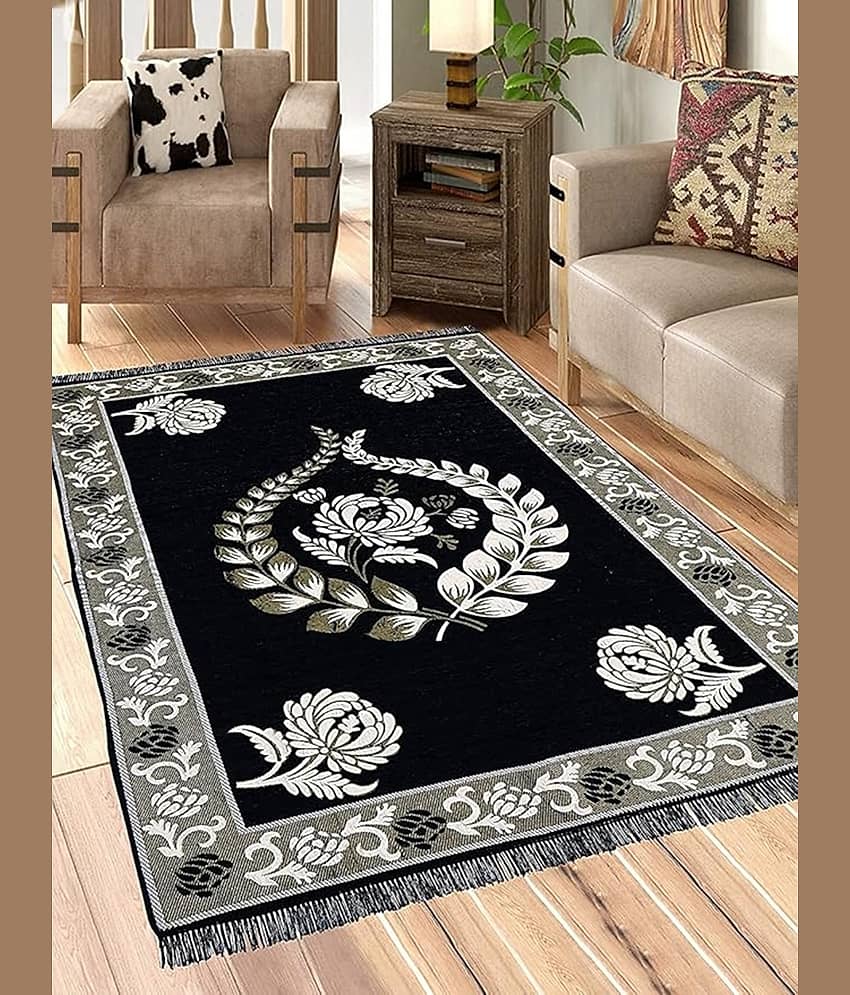 RADECOR Blue Chenille Carpet Floral 5x7 Ft