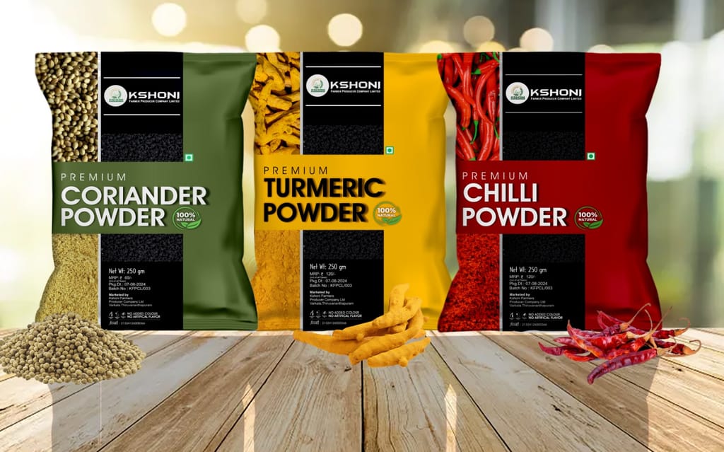 Kshoni Premium Coriander Powder, Turmeric Powder, Chilli Powder - 100% Natural, 250gm Each