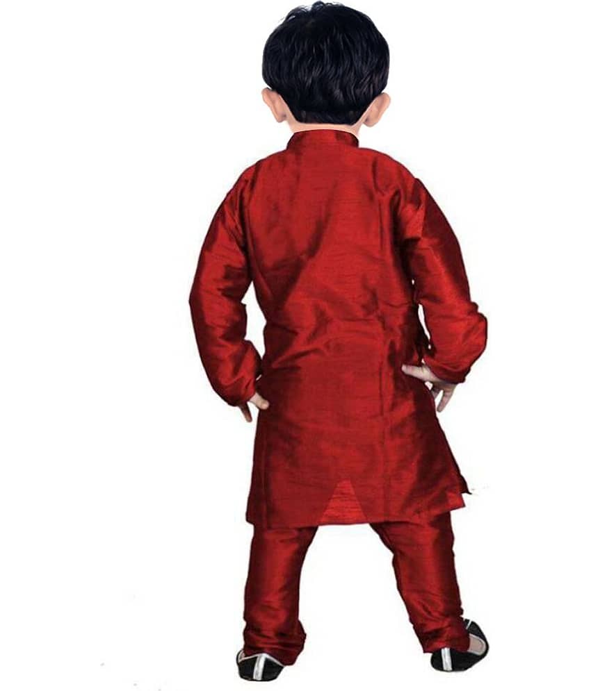 hrr Boys Silk Solid - Pattern Kurta Pyjama Set ( Maroon , Pack of 1 ) view 2