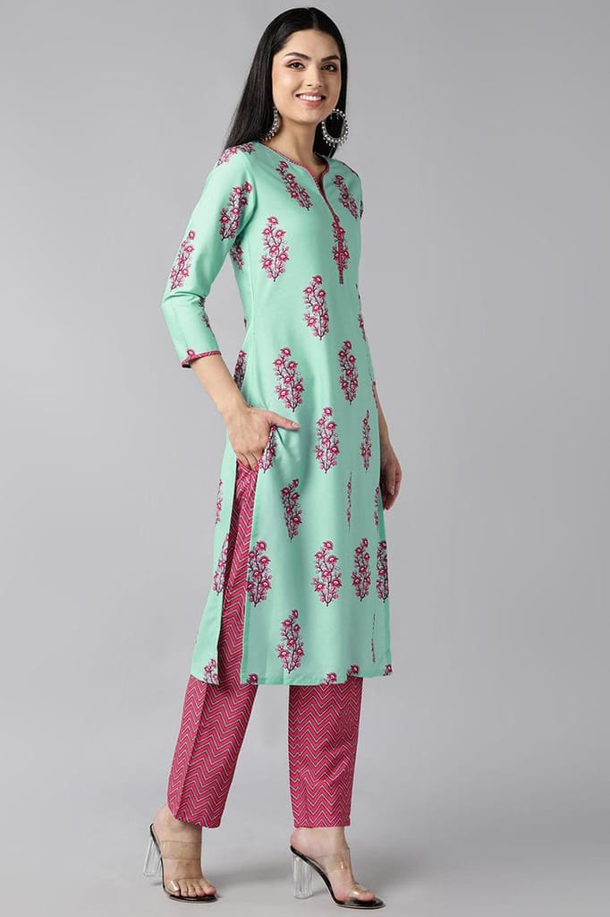 Sea Green Polyester Ethnic Motifs Straight Suit Set PKSKD1083 view 2