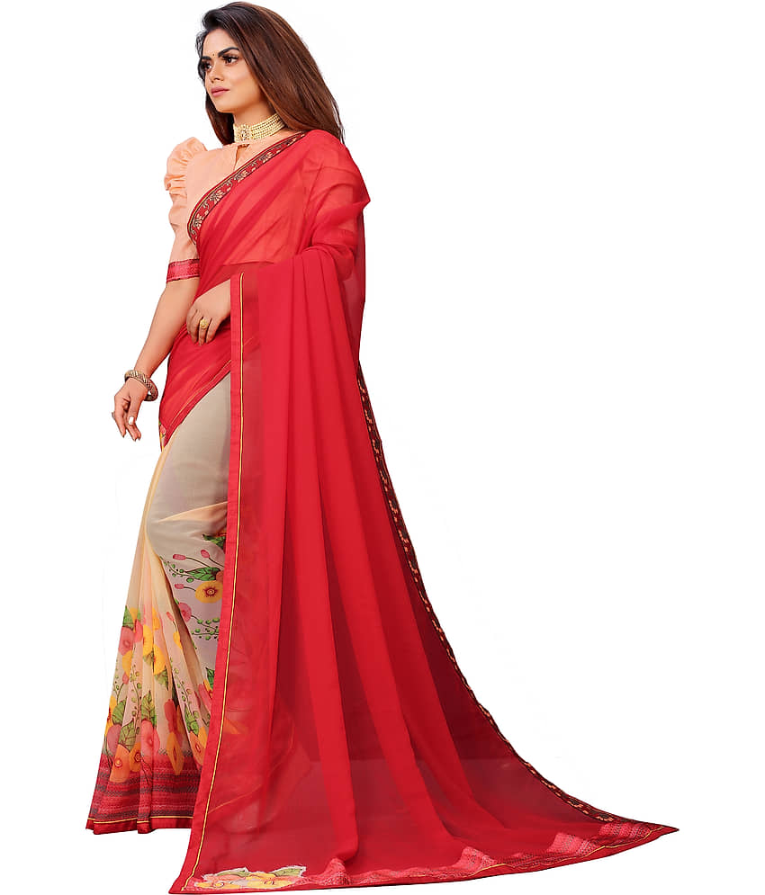 VEDANT VASTRAM Georgette Printed Saree With Unstitched Blouse Piece ( Red ) view 2