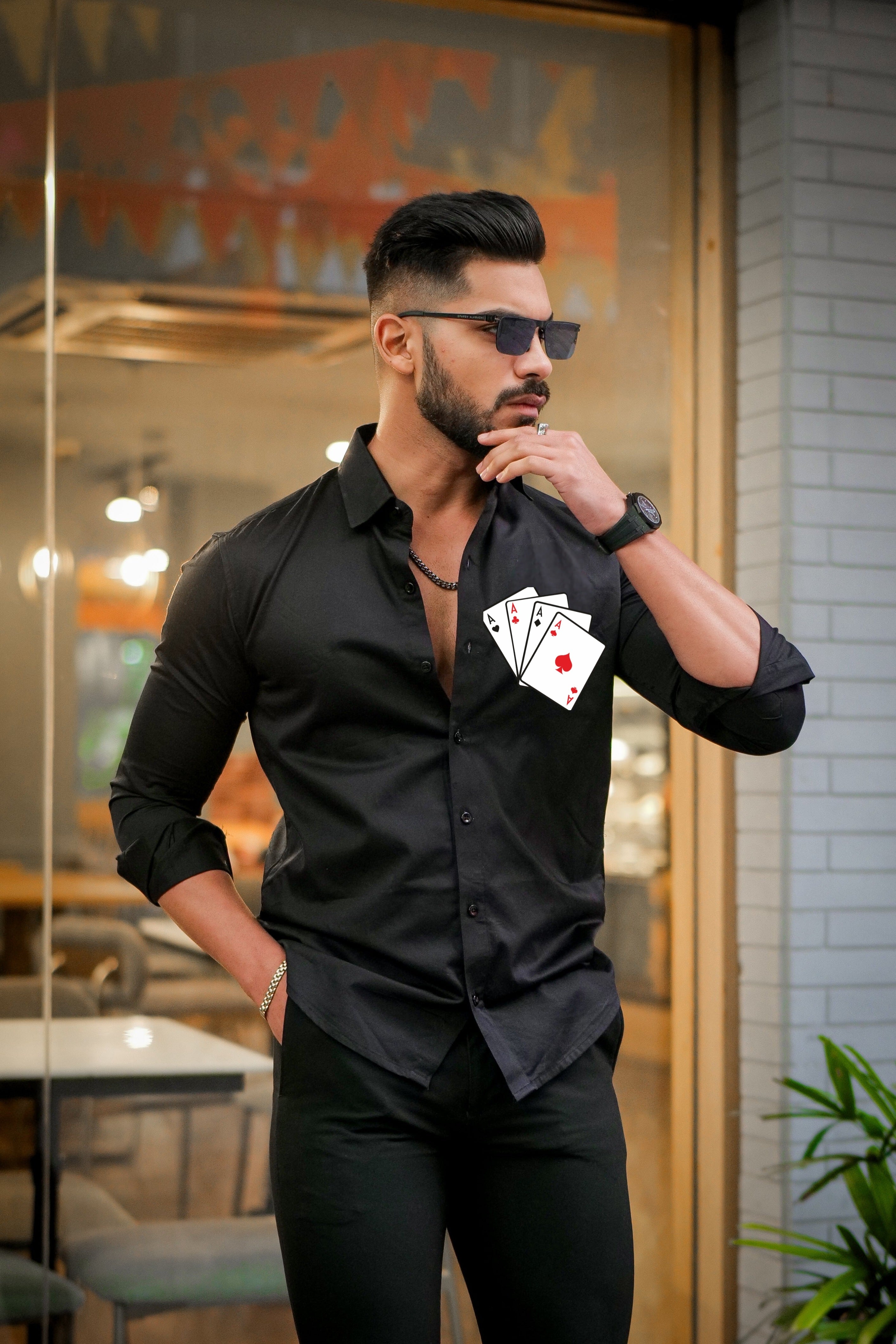 Black Club Wear Cards Printed Satin Cotton Shirt view 2
