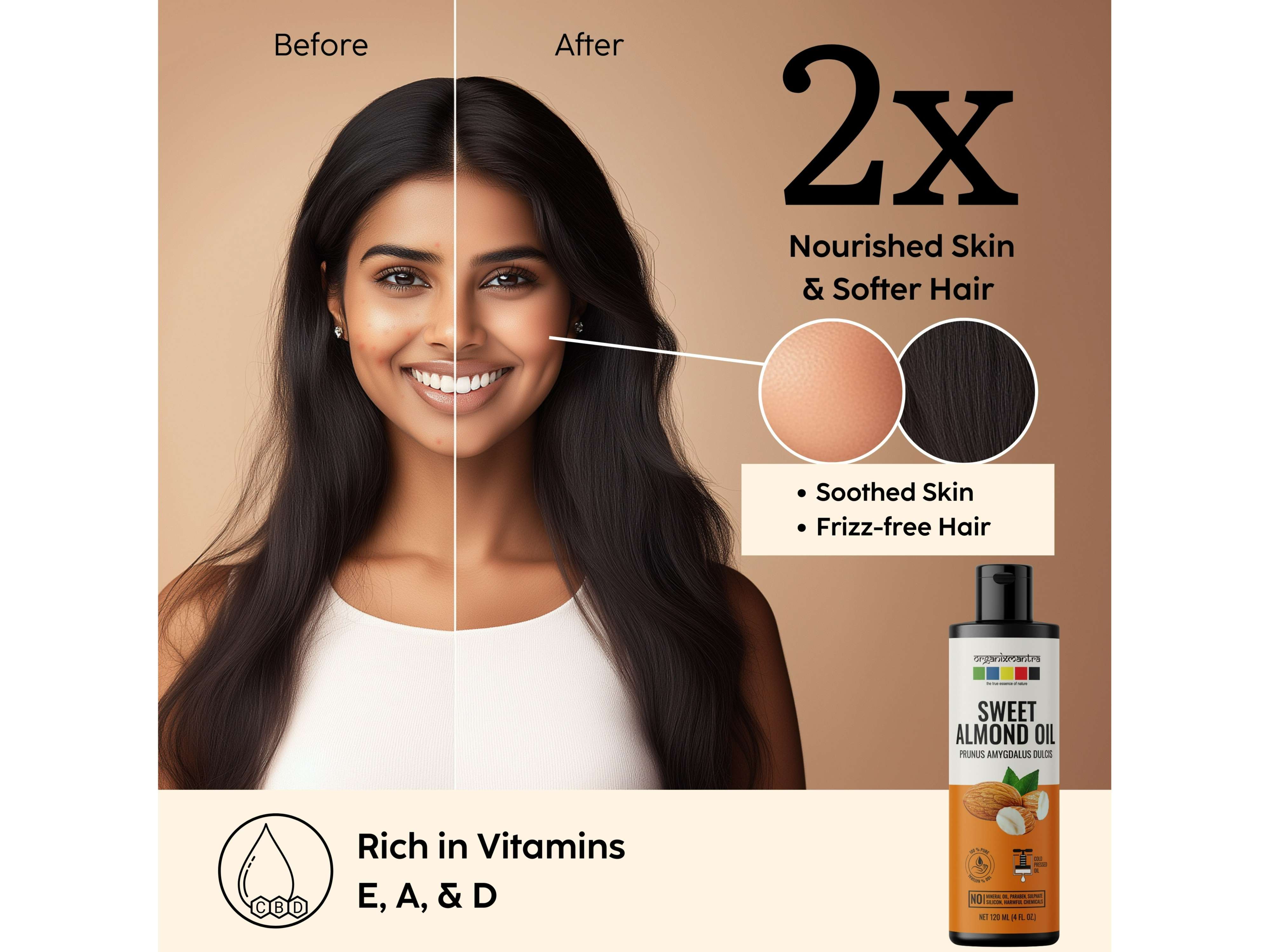 Organix Mantra Sweet Almond Oil, 100% Pure, Natural & Cold Pressed Organic Oil - 120 Millilitre view 2