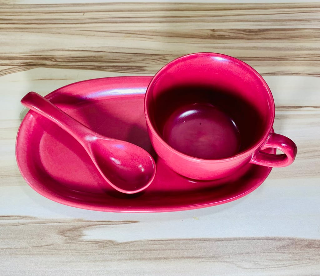 Homefrills Ceramic Glossy Finish Large Soup/Cereal Mug with Tray and Spoon Glossy Finish Suitable for Coffee, Tea, Juice, Cappuccino, Soup,Milk,Cereal etc. (270ml) (Colour-Magenta) view 2