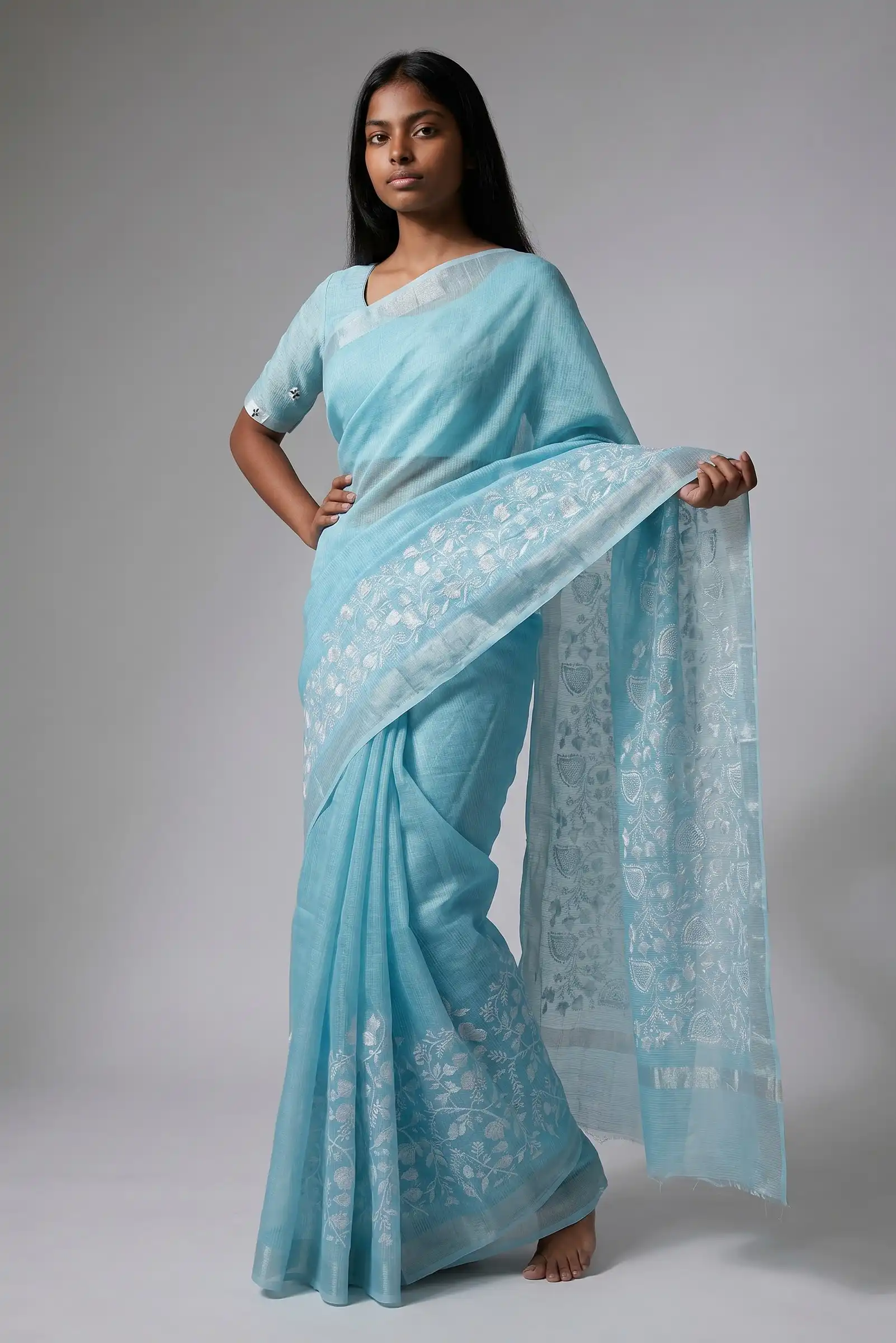 Kota Doria Cotton Saree Powder Blue Embroidered Paisley view 2