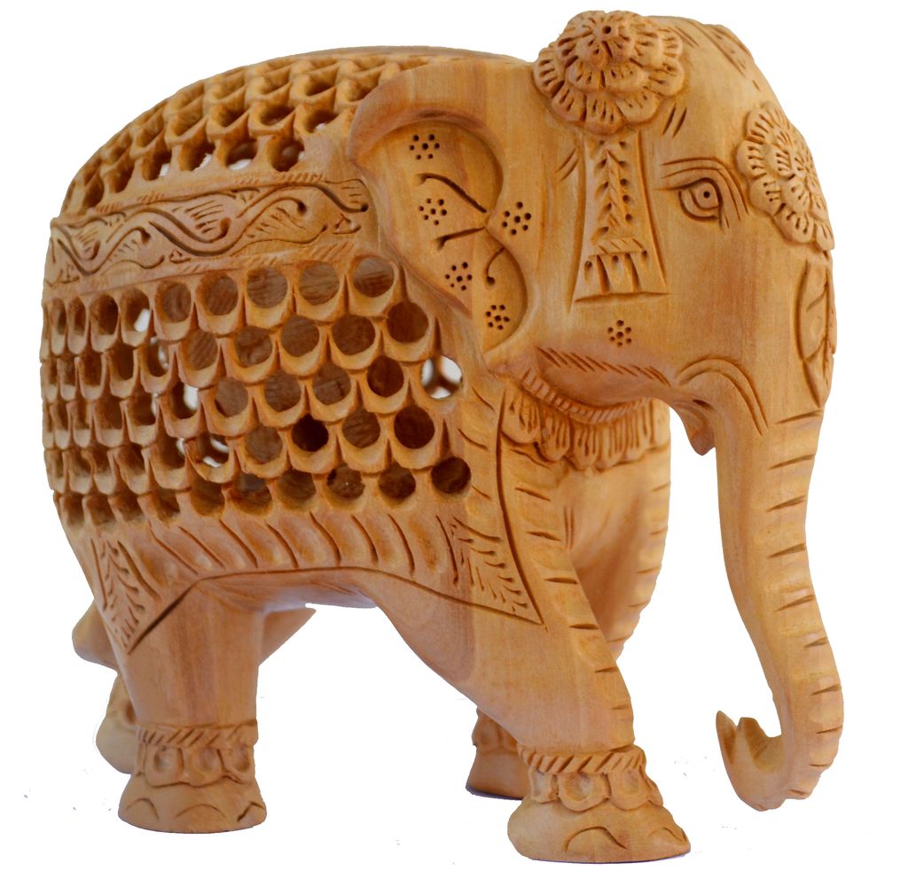 Hand-Carved Wooden Elephant Statue Small Size Gold Polish Decorate for Your Home, Office Table Decorative Gift Article Animal Showpiece Figurines (Set of 1 Piece) view 2