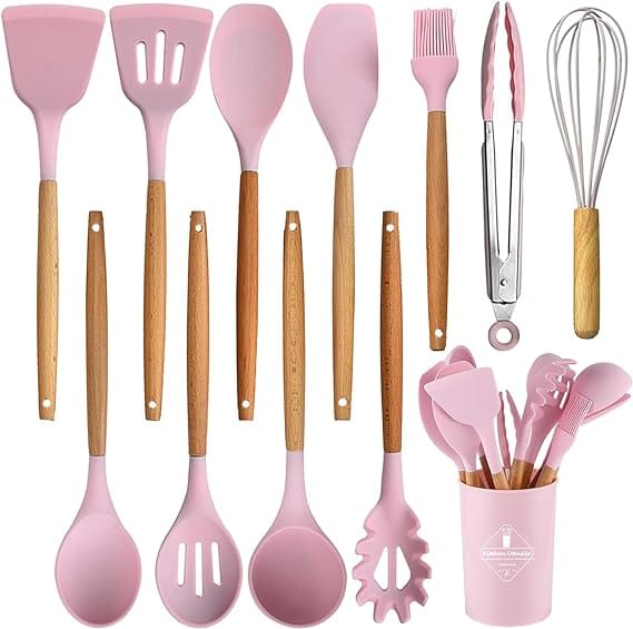 SAUDAGAR Enterprises 12 Pcs Silicone Kitchen Utensils Set with Holder, Cooking Utensil Sets Spatula Turner Heat Resistant Tool Gadgets with Wooden Handle for Nonstick Cookware (Set of 12) (Pink) view 2
