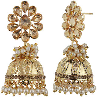 Engraved Jhumki Drop Crystal Top Earrings Golden Copper Material Drop Hook Earrings for Women's Fashion Jewelry view 2
