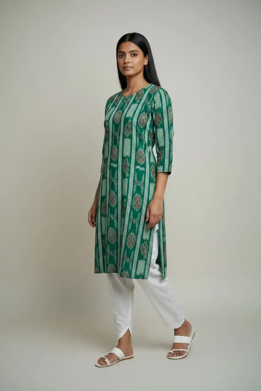 Sambalpuri Ikat White Green Cotton Kurti view 2