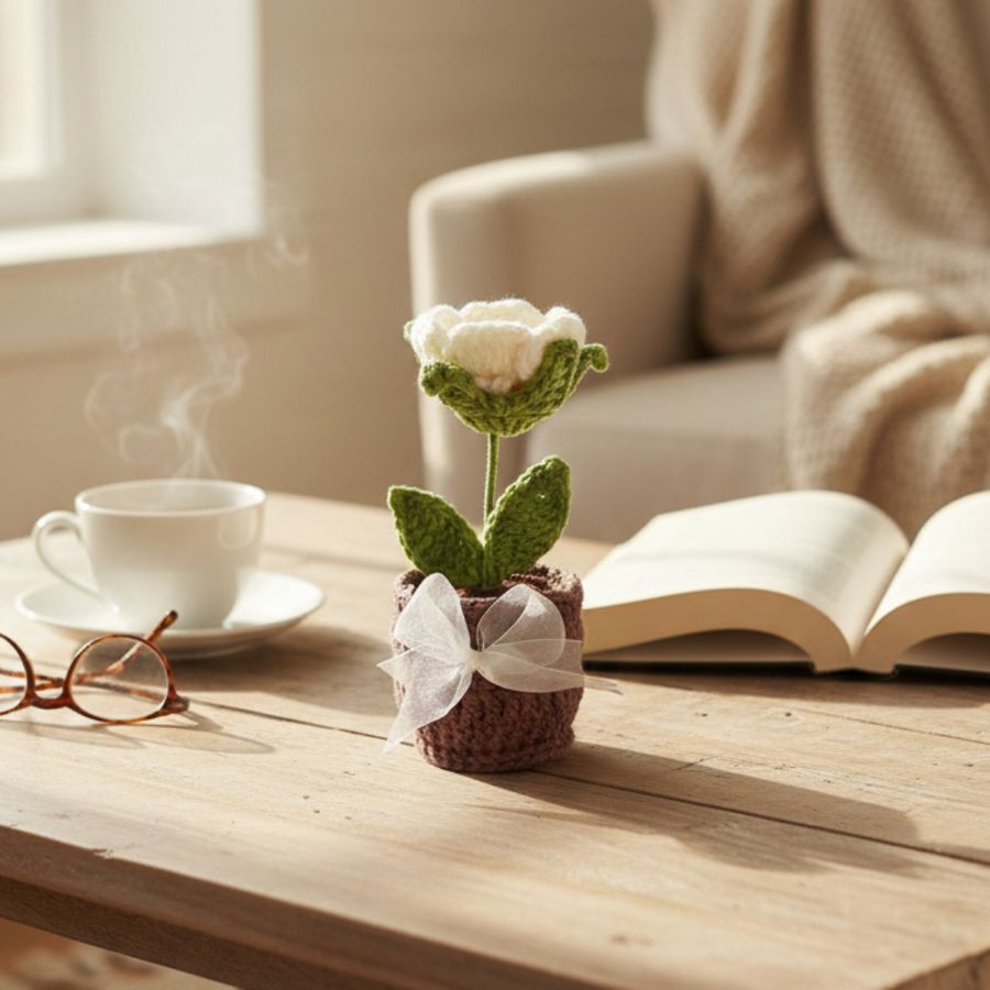 HANDMADE CROCHETED POTTED WHITE FLOWER