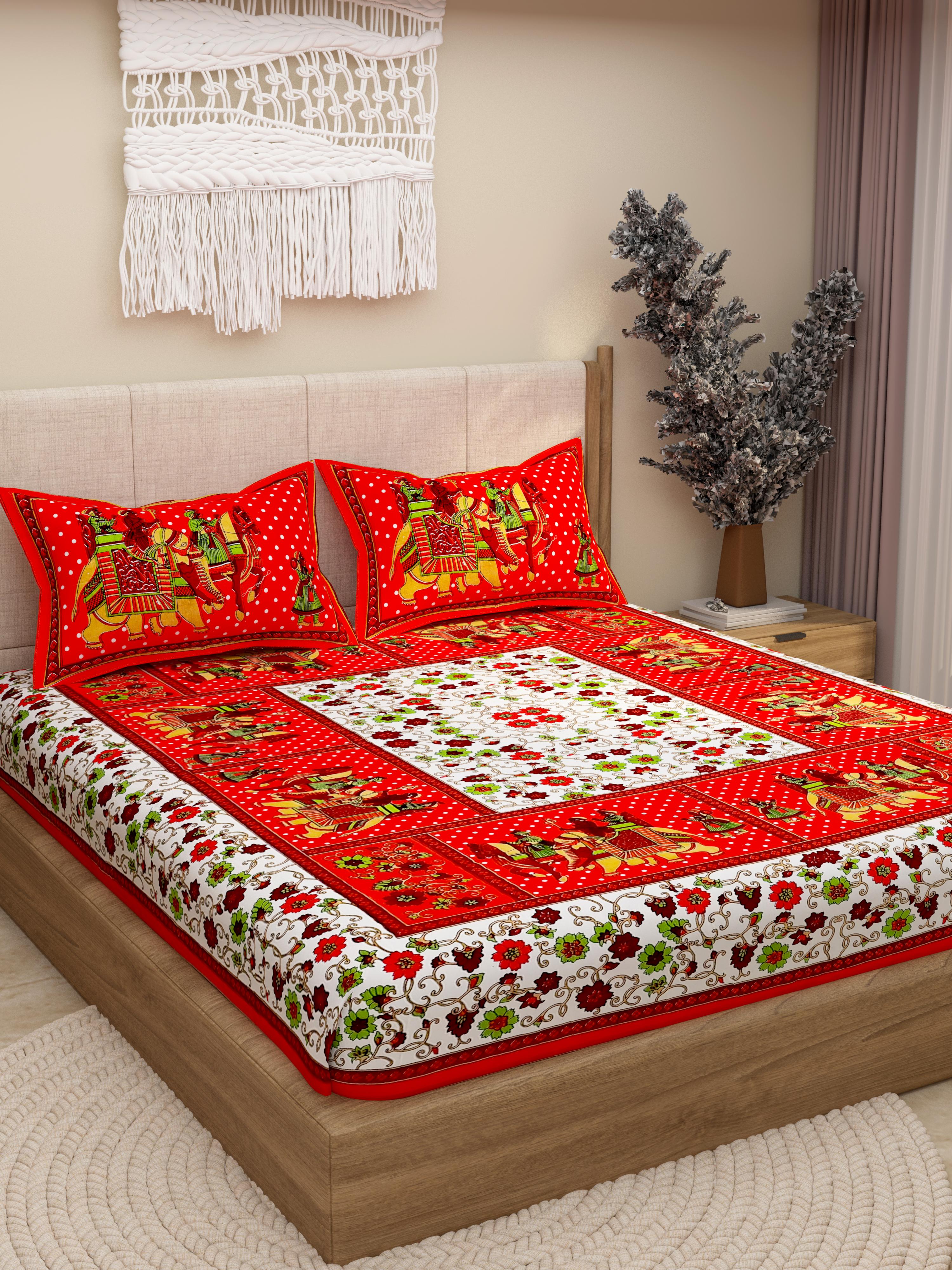 Lali Prints Red White Ethnic Motifs Cotton 130 TC Queen Bedsheet with 2 Pillow Covers view 2