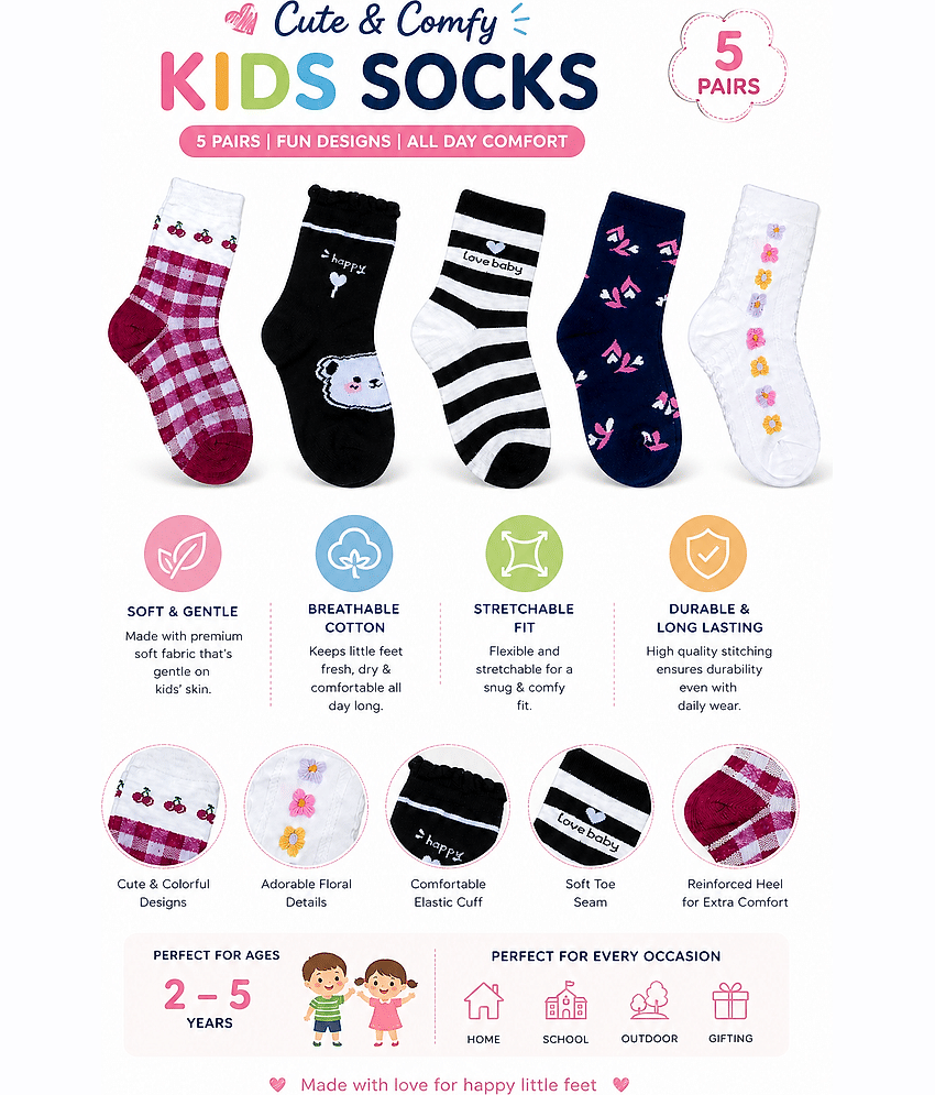 BBYARAJ Pack of 5 Unisex for Baby Cotton Full Length Socks ( Multi ) view 2
