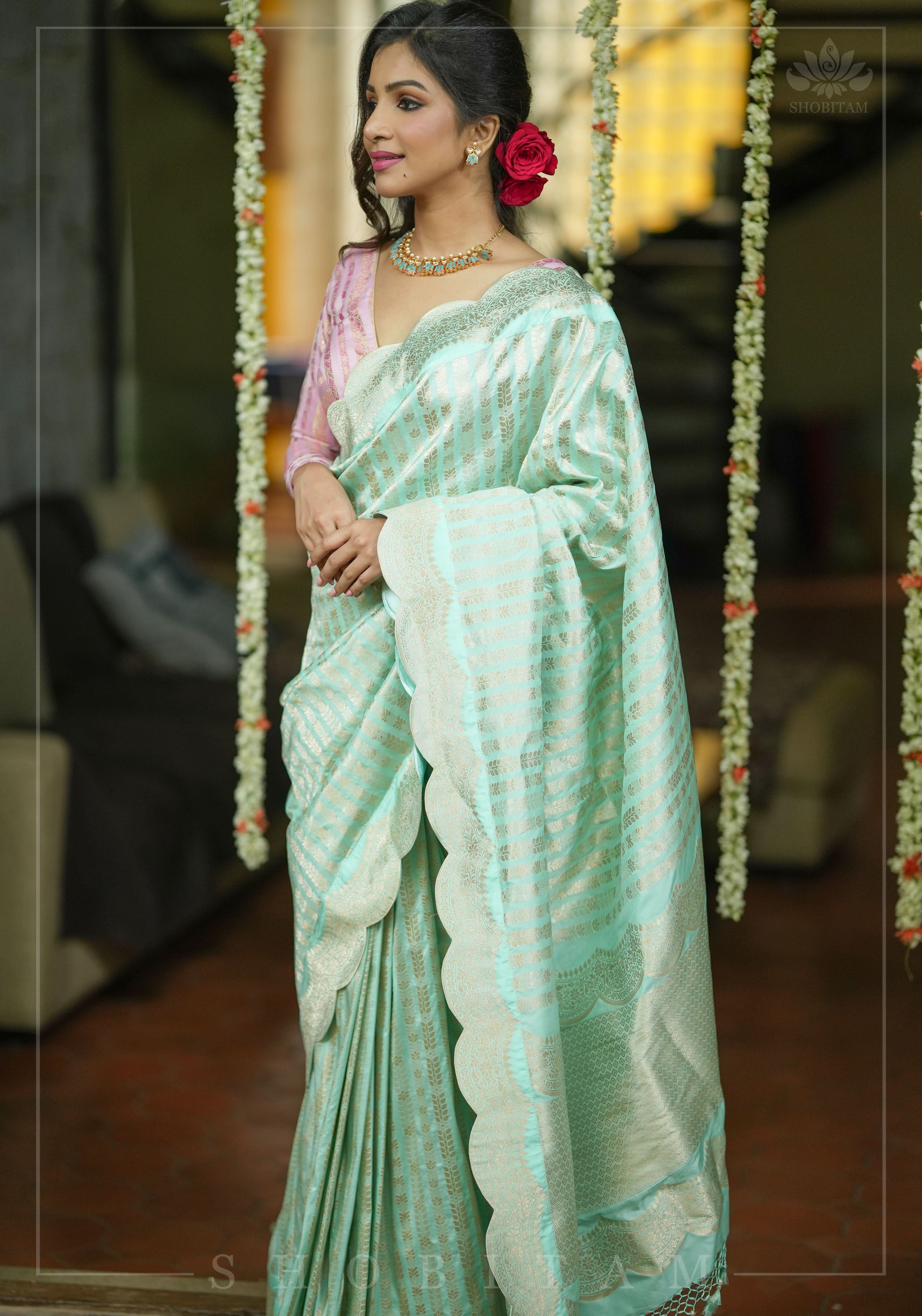 Unique Scalloped Borders Pure Brocade Banarasi Katan Silk Saree in Pastel Sea Green | SILK MARK CERTIFIED view 2