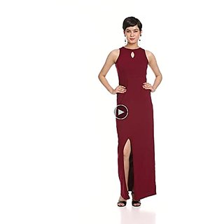 Miss Chase Womens Maroon Round Neck Sleeveless Cut-Out Front Slit Slim Fit Bodycon Maxi Dress view 2