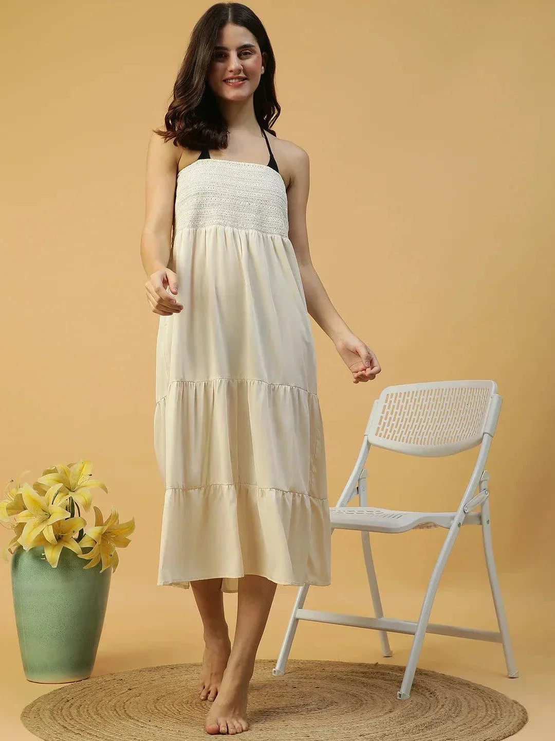 Drape White Smocked Off Shoulder Women Beachwear Cotton Dress view 2