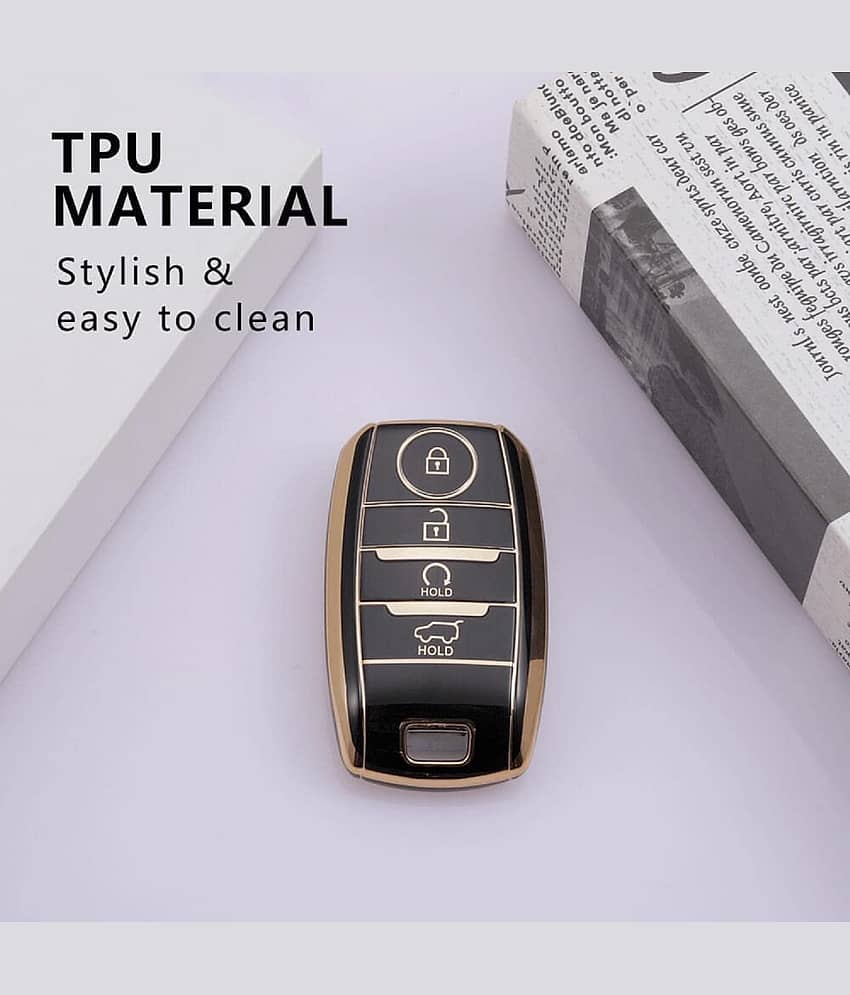 TPU Key Cover Compatible with Kia Seltos, Sonet, Carens, Carnival 4 Button Smart Key (Hold Button Down) (Black) view 2