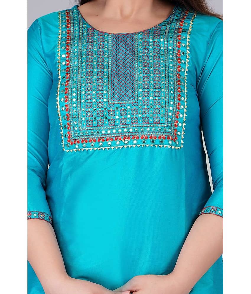 EXPORTHOUSE - Turquoise Straight Silk Women's Stitched Salwar Suit ( Pack of 1 ) view 2