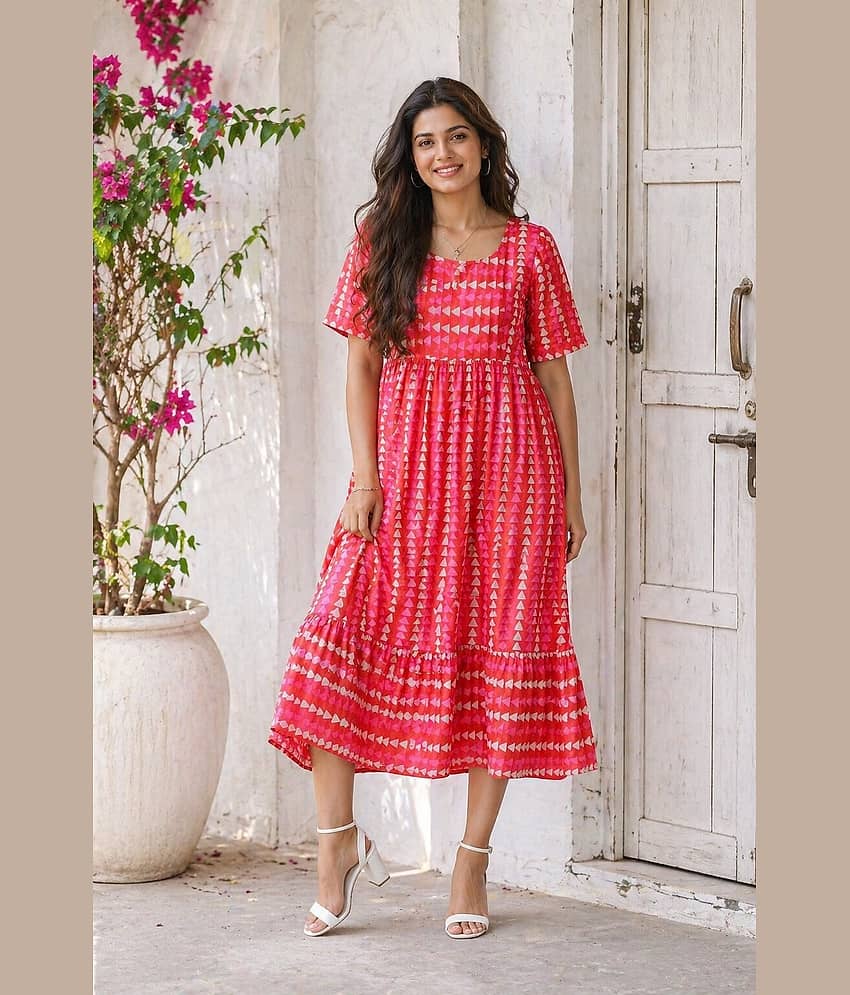 Parnavi Women Cotton Printed Fit & Flare Dress ( Blue )