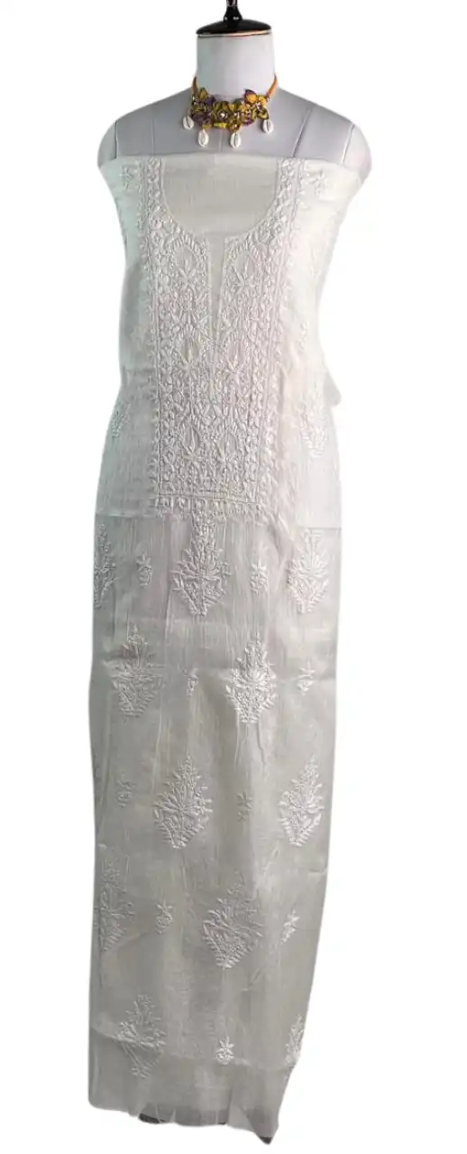Chikankari Mul Chanderi Dress Material White Paisley Yoke view 2