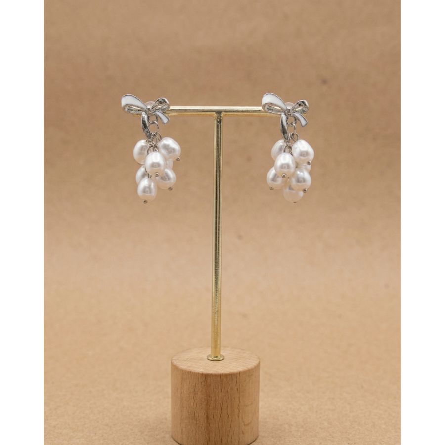 Elegant Bow & Faux Pearl Cluster Drop Earrings view 2