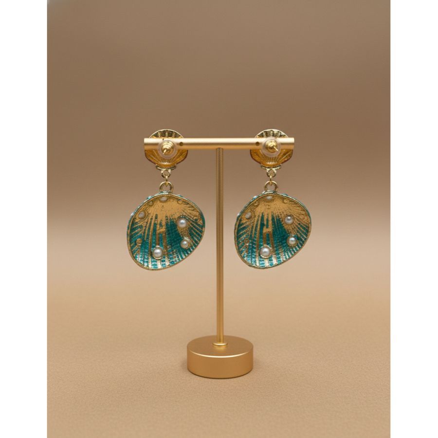 Earrings Teal Gold Shell Drop view 2