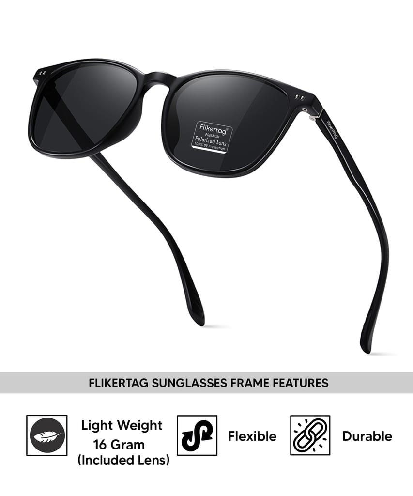 Flikertag Polarized Sunglasses With UV Protection For Men & Women | HD vision with Grey Lens [FTS 561 F1 Square | Wayfarer Matte Black Frame with Smoke lens, 54mm] view 2