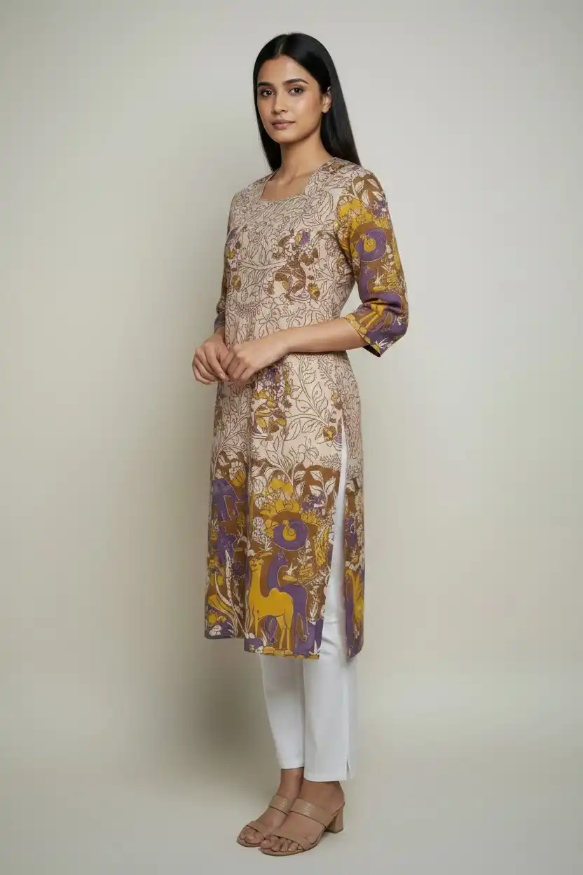 Block Print Cotton Kurti Light Khaki Yellow view 2