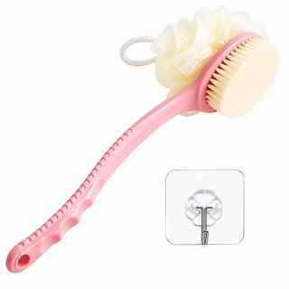 2-in-1 Exfoliating Back Scrubber Bath Brush with Bristles & Loofah, Long Curved Handle for Easy Reach